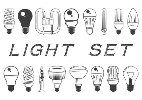 Vector set of light bulbs isolated on white background. Illustration in vintage Stock Illustration