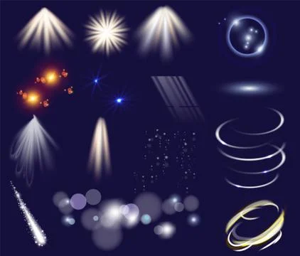 Vector set of light effects. Isolated clip art template objects. Glow light 스톡 일러스트