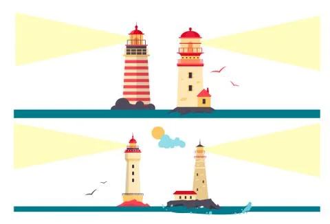 Vector set of lighthouses. Cartoon lighthouse with light beams. Design elements Illustrazione stock