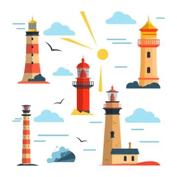 Vector set of lighthouses. Cartoon lighthouse, clouds, sun. Design elements and Illustrazione stock