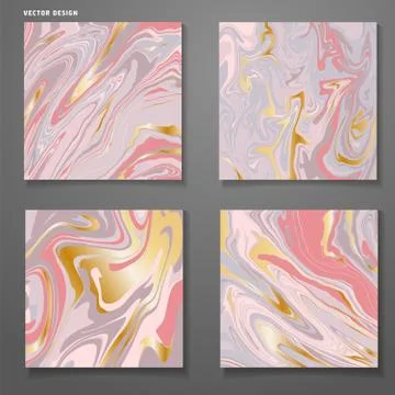 Vector set with liguid fluis background. Rose gold foil marble decoration des Stock Illustration