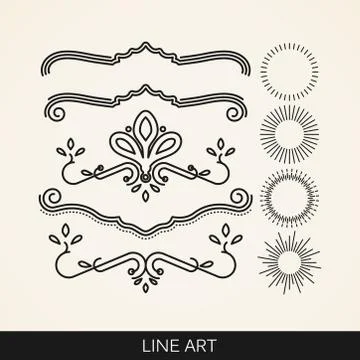 Vector set of  line art elements for design, sunburst and ray lights shapes Stock Illustration