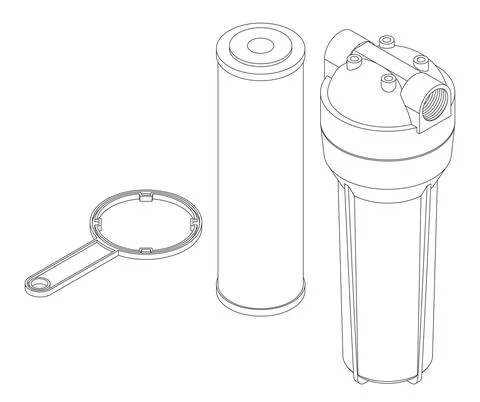 Vector set of line art water filter cartridge, base box and wrench 스톡 일러스트