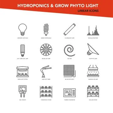 Vector set of line icons - Hydroponics and grow led phyto light Stock Illustration