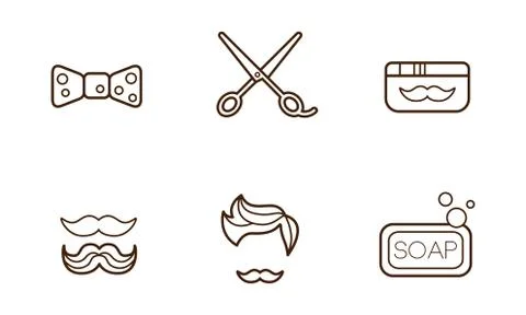 Vector set of linear barber shop icons. Bow-tie, scissors, soap, jar of wax Illustrazione stock