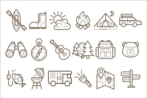 Vector set of linear camp elements. Traveler equipment camping tent, guitar Illustrazione stock