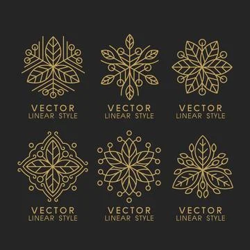 Vector set of linear design elements with leaves イラスト素材