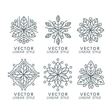 Vector set of linear design elements with leaves Stock Illustration