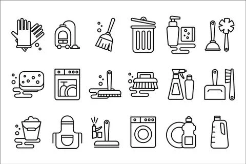 Vector set of linear icons on cleaning theme. Objects for housekeeping gloves イラスト素材