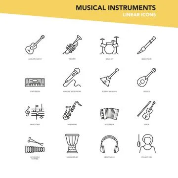 Vector set of linear icons - Musical instruments Stock Illustration