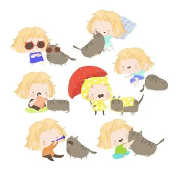 Vector Set with Litttle Girl and Funny Cat Stock Illustration