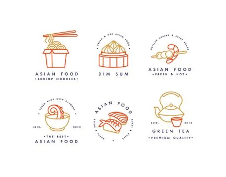 Vector set of logo design templates and emblems or badges. Asian food - noodles Stock Illustration