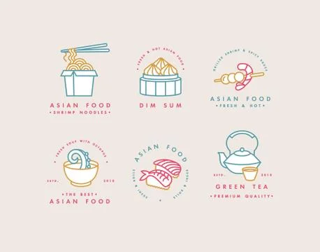 Vector set of logo design templates and emblems or badges. Asian food - noodles Stock Illustration