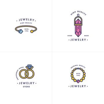 Vector set of logos with necklace and gem stone, wedding rings and bracelet Stock Illustration