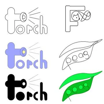 Vector set of logos for words torch, fox and peas Stock Illustration
