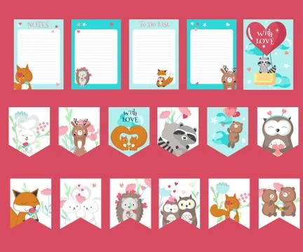 Vector set of love cards with cute animals Stock Illustration