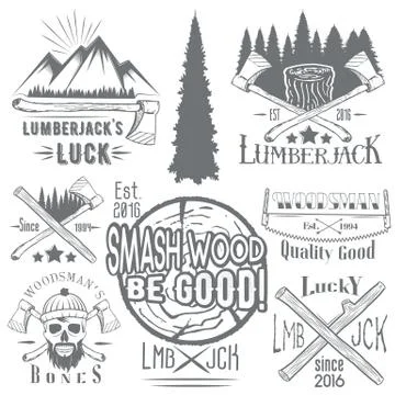 Vector set of lumberjack and woodsman vector labels in vintage style. Wood work Stock Illustration