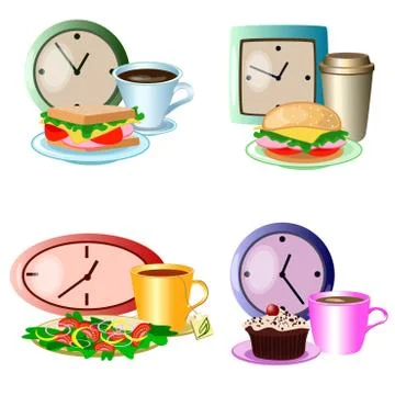 Vector set of lunch break foods, clocks and drinks Stock Illustration