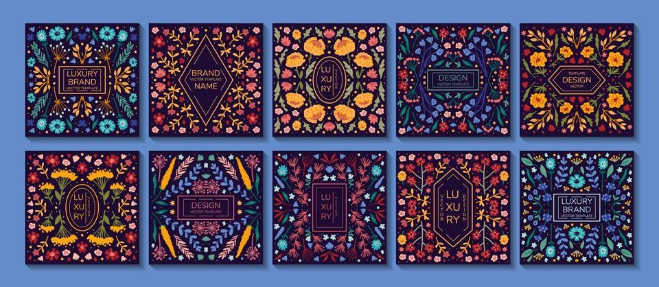 Vector set of luxury floral patterns, invitation cards, banners with doodles Stock Illustration