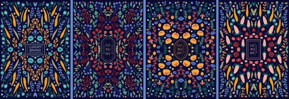 Vector set of luxury floral patterns, invitation cards, banners with doodles Stock Illustration