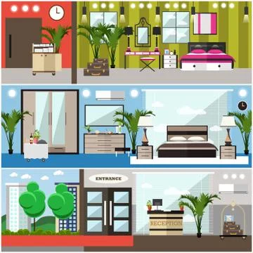 Vector set of luxury hotel interior flat posters, banners Stock Illustration