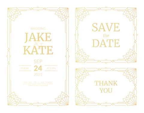 Vector set of luxury wedding invitation cards with gold gradient. Gold frame. Stock Illustration