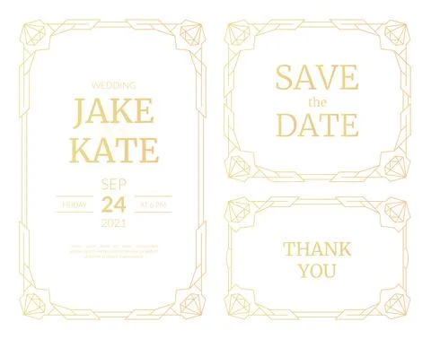 Vector set of luxury wedding invitation cards with gold gradient. Gold frame. Stock Illustration