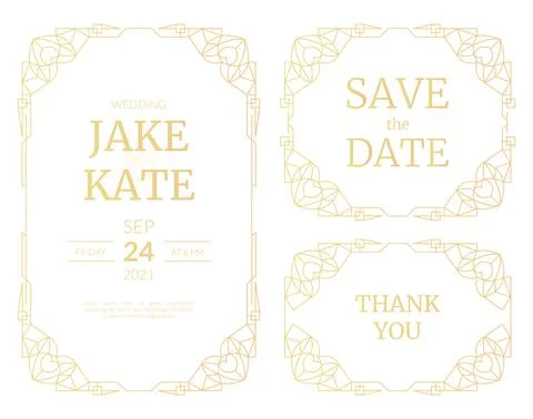 Vector set of luxury wedding invitation cards with gold gradient. Gold frame. Stock Illustration