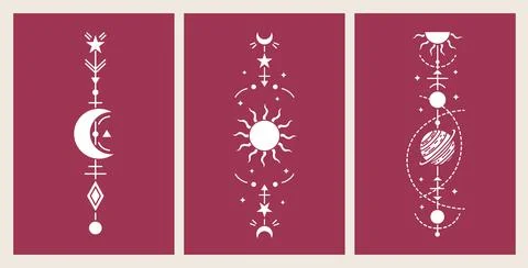Vector set of magic cards with mystery illustrations. Magical cards. Stock-Illustration