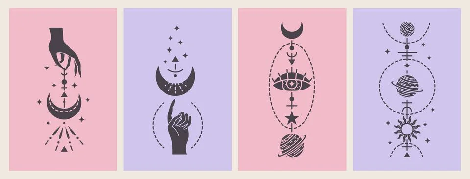 Vector set of magic cards with mystery illustrations. Magical cards. Stock Illustration