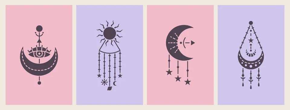 Vector set of magic cards with mystery illustrations. Magical cards. Illustrazione stock