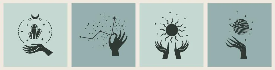 Vector set of magic cards with mystery illustrations. Magical cards. Illustrazione stock