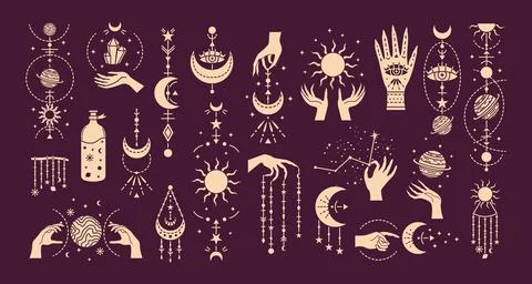 Vector set of magic illustrations with mystery symbols. Magical cards. Stock Illustration