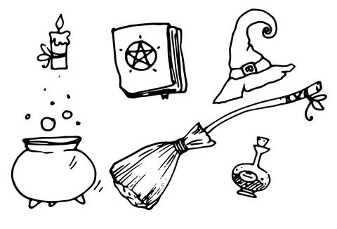 Vector set of magic isolated elements from a broom, a cauldron with a potion, a Stock Illustration