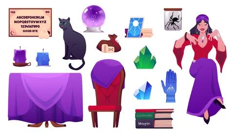 Vector Set of Magic Items with Gypsy Oracle, Furniture, Cat, Books and Candles. Stock Illustration