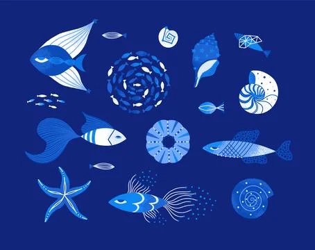 Vector set of magic underwater life. Isolated textured fish, seashells, starf Stock Illustration