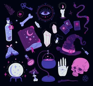Vector set with magical elements of Wicca on a dark isolated background. Stock Illustration
