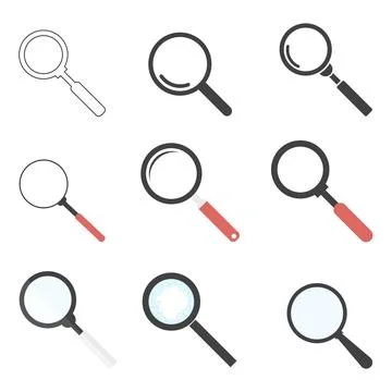 Vector set of magnifying glass search icons in various flat and outline Stock Illustration