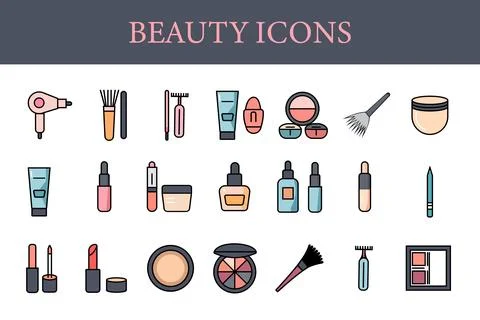 Vector set of make up and cosmetics icons in flat design style. Cosmetics s.. Stock Illustration