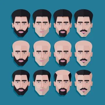 Vector set of male faces in flat polygonal style. men hair style icons Stock Illustration
