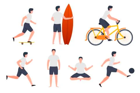 Vector set of man in different summer activities - skate, running Stock Illustration