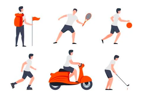 Vector set of man in different summer activities - hike, tennis Illustrazione stock