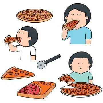 Vector set of man eating pizza Stock Illustration