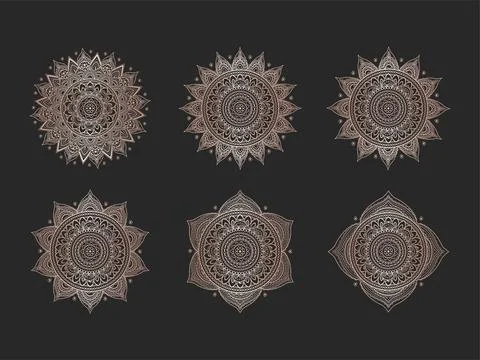 Vector set of Mandalas on black background. Ethnic oriental patterns collecti Stock Illustration