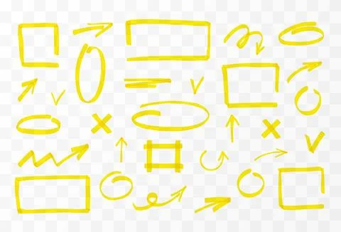 Vector set of marker arrows, squares, lines, rectangles, circles, yellow. Stock-Illustration