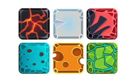 Vector set of materials and textures for mobile or computer game. Lava, glacier Stock Illustration
