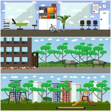 Vector set of maternity hospital and kindergarten interior flat posters Ilustración de archivo