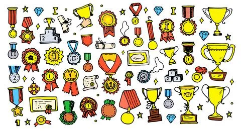 Vector set of medals and orders with cups color. a collection of hand-drawn Stock Illustration