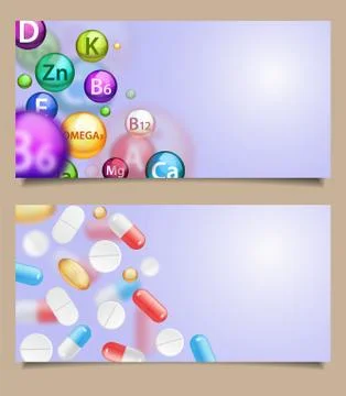 Vector set of medical banners with falling pills Stock Illustration