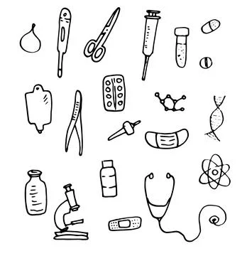 Vector set of medical isolated elements, hand-drawn black outline in doodle Stock Illustration